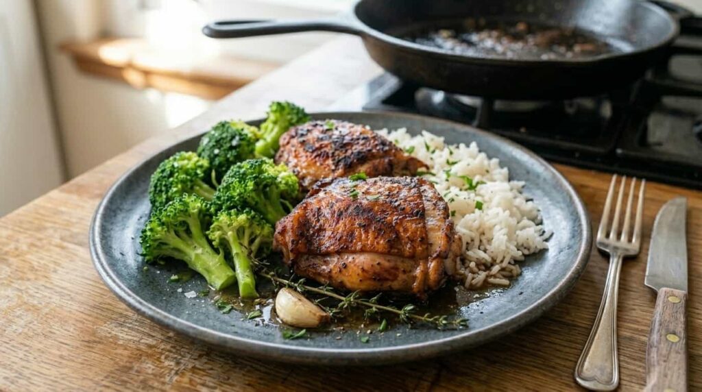 Keto chicken and broccoli served with cauliflower rice as a low carb meal option