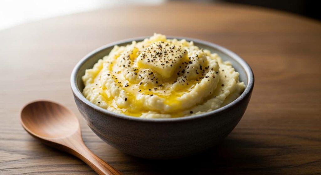 Smooth cauliflower mash with melting butter as a keto side dish for chicken