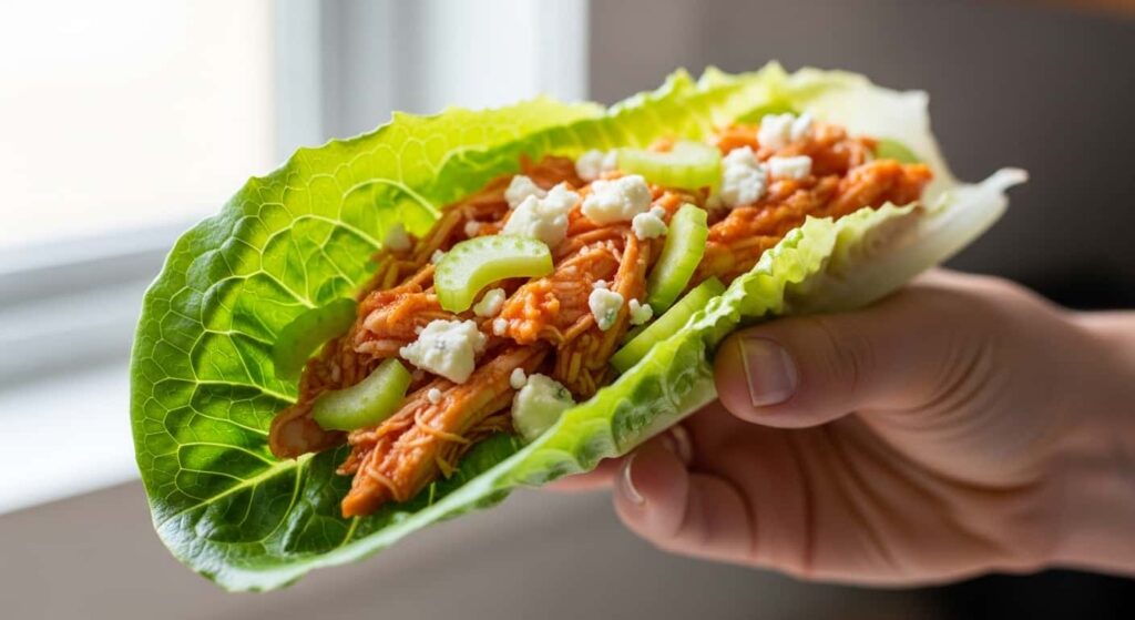 Hand holding a low-carb buffalo chicken lettuce wrap with blue cheese crumbles