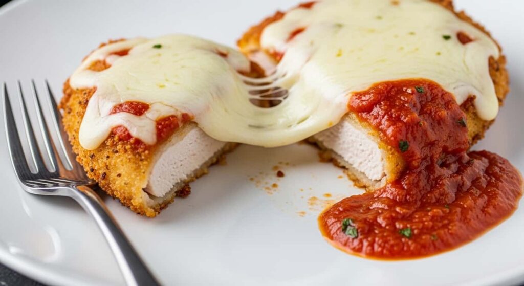Keto chicken parmesan with almond flour crust and melted mozzarella on a white plate