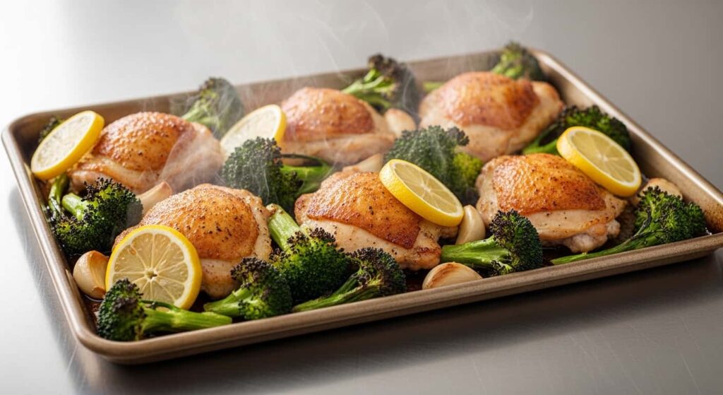 One-pan keto lemon garlic chicken thighs and roasted broccoli on a baking sheet