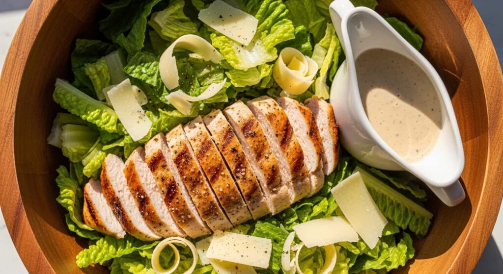 Keto grilled chicken Caesar salad with shaved parmesan and no croutons