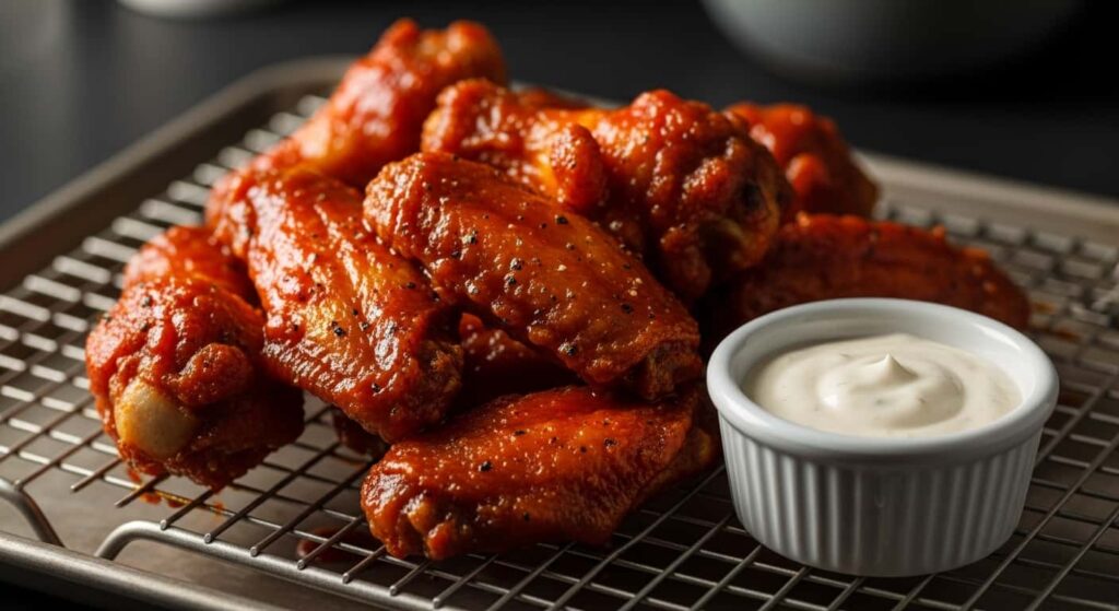 Crispy air fryer keto chicken wings with buffalo sauce and ranch dip