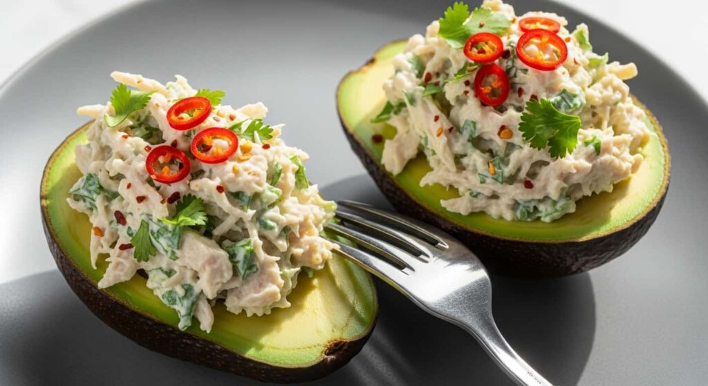 Keto chicken stuffed avocados filled with creamy chicken salad and cilantro