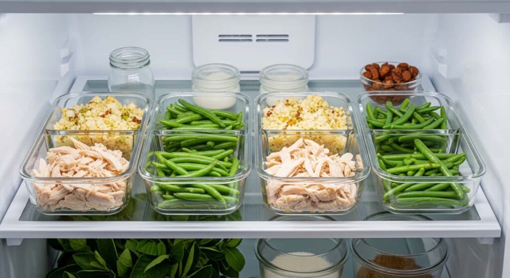 Keto chicken meal prep containers with shredded chicken, cauliflower rice, and green beans in a refrigerator