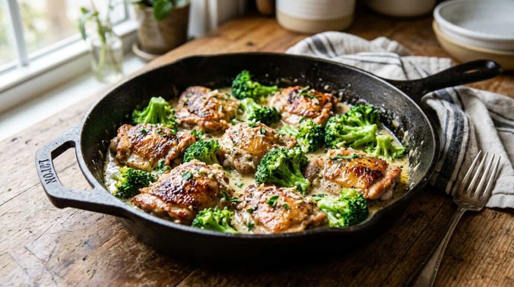 One pan keto chicken and broccoli skillet with creamy garlic parmesan sauce in a cast iron pan