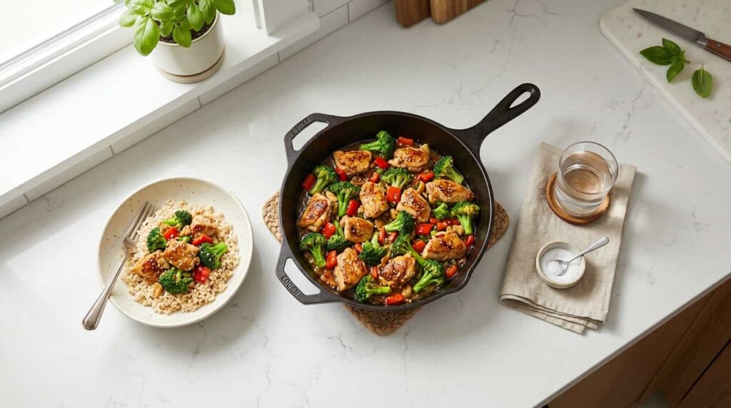 Easy one pan keto chicken and broccoli meal with minimal cleanup in a modern kitchen