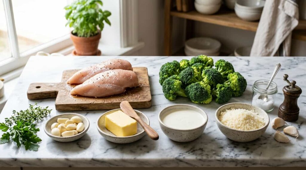 Ingredients for keto chicken and broccoli including chicken breast, broccoli, garlic, cream, and parmesan