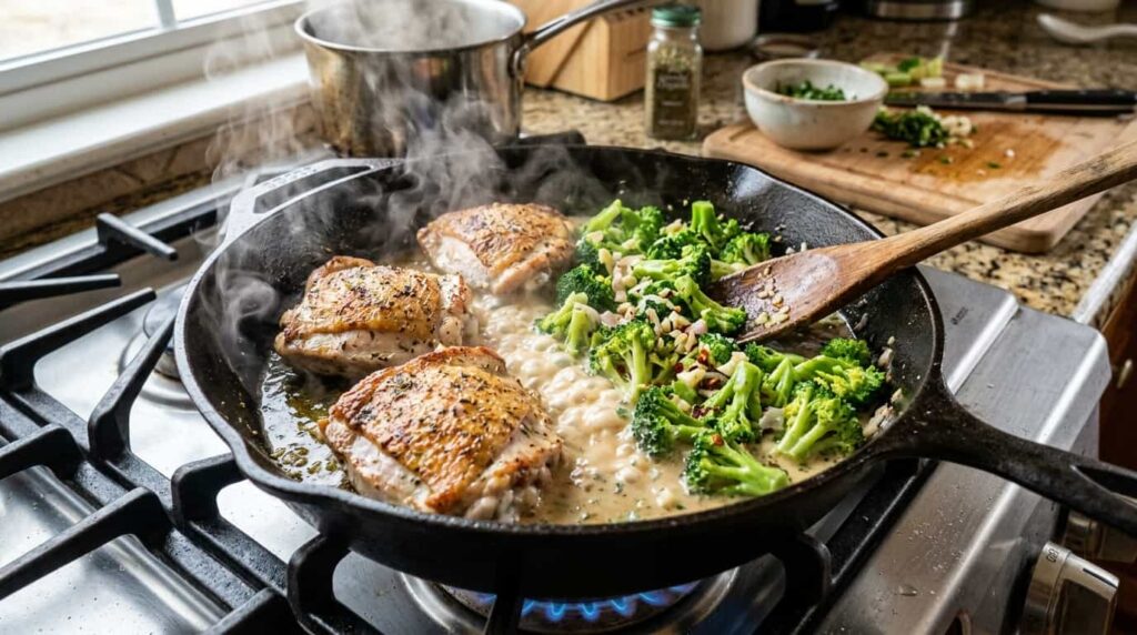 Cooking keto chicken and broccoli in one pan with garlic cream sauce forming in skillet
