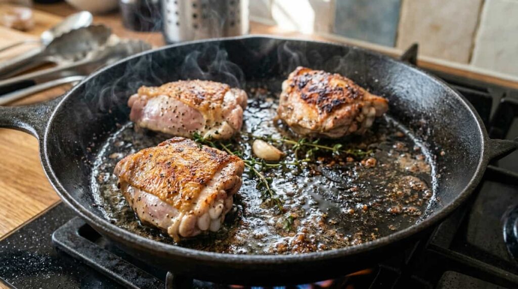 Properly seared chicken pieces in skillet showing golden brown crust without overcrowding