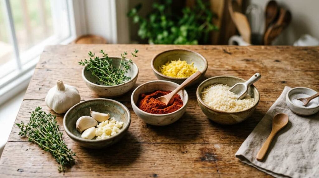 Keto friendly seasonings including garlic, paprika, herbs, and parmesan for chicken recipes