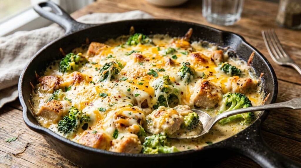 Cheesy variation of keto chicken and broccoli with melted mozzarella and creamy sauce