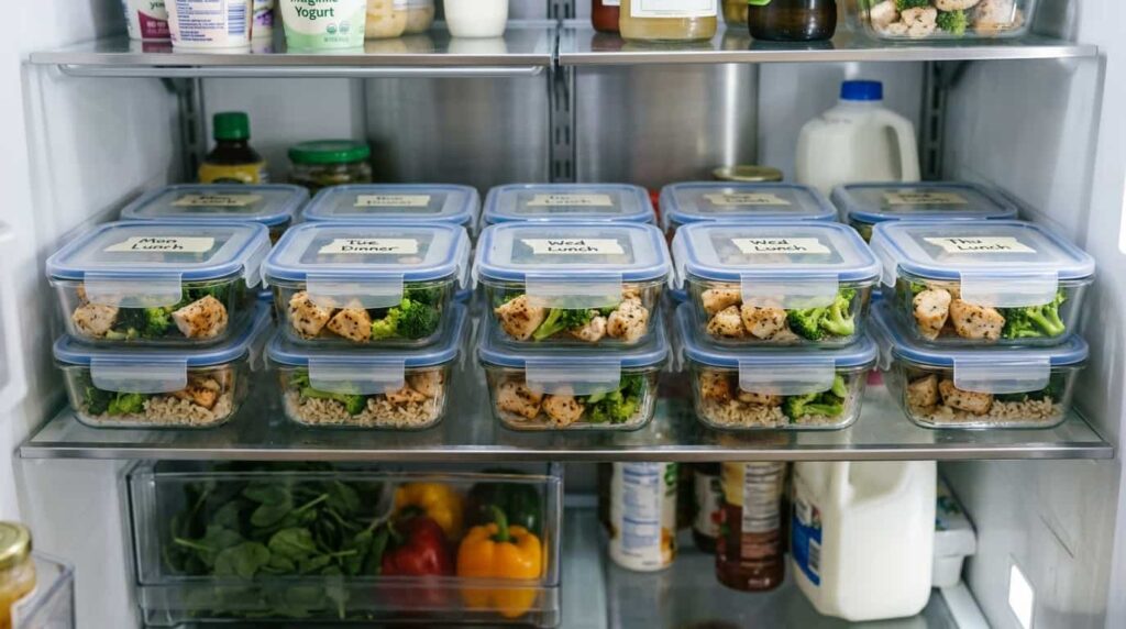 Keto chicken and broccoli meal prep stored in airtight containers for weekly lunches