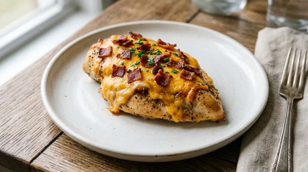 Easy keto chicken recipe with cheddar cheese and bacon using minimal ingredients