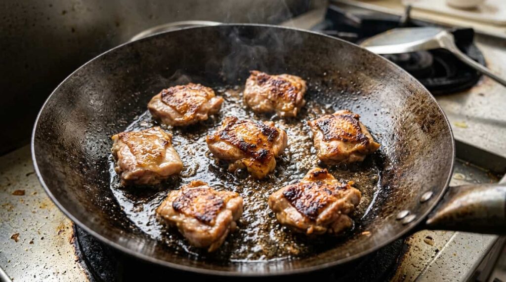 Properly seared chicken in wok with golden edges showing correct stir fry technique