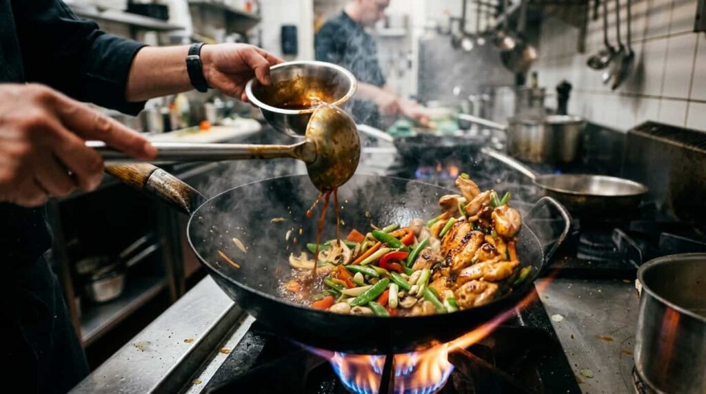 Cooking keto chicken stir fry in a hot wok with vegetables and sauce being combined