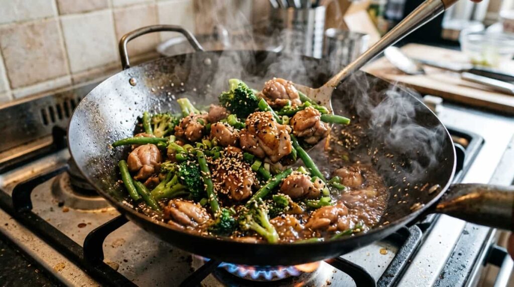 Keto chicken stir fry with vegetables and sesame sauce cooked in a wok