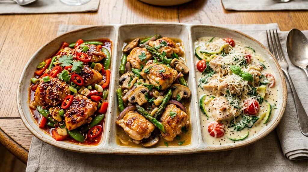 Different keto chicken stir fry variations including spicy, garlic butter, and creamy parmesan styles