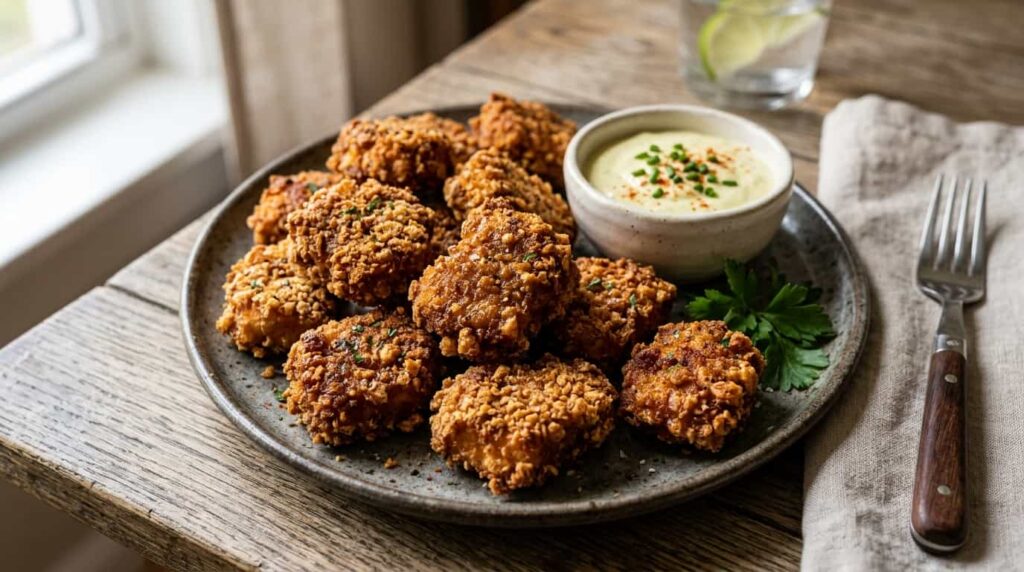 Crispy keto chicken nuggets made with coating served as family friendly low carb meal