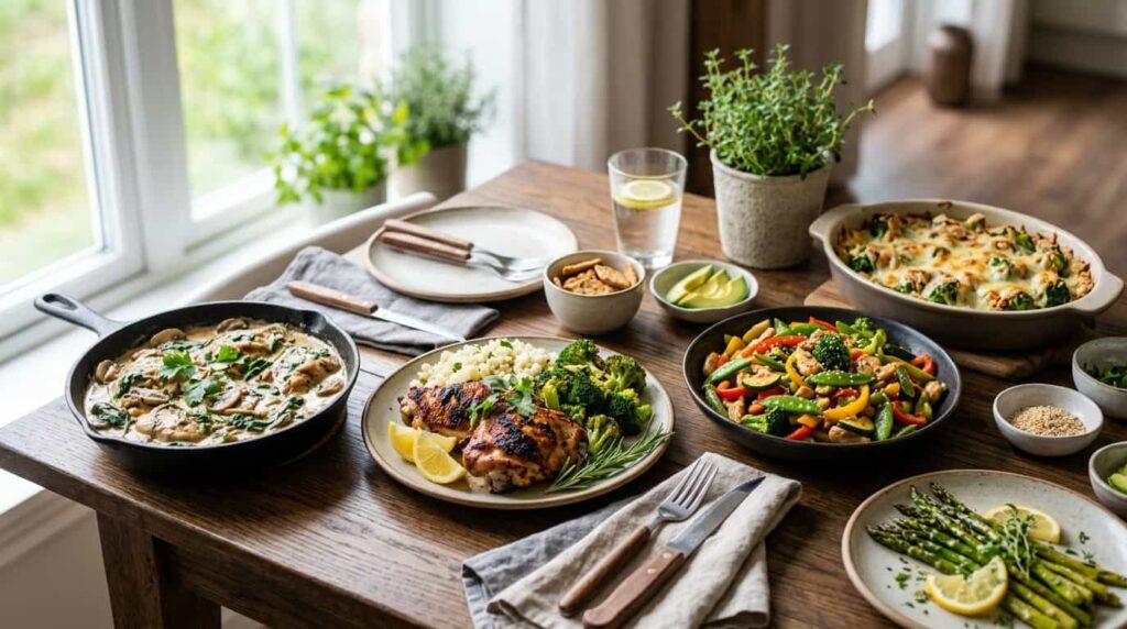 Variety of easy keto chicken dinners including skillet, casserole, and stir fry meals for low carb diet
