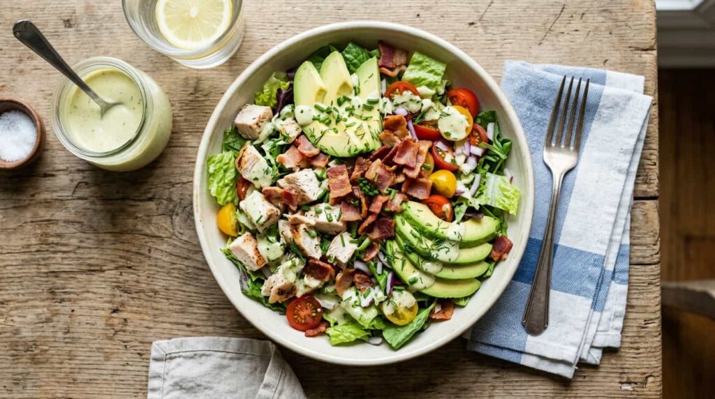 Keto chicken salad with avocado, bacon, and creamy dressing for low carb meal