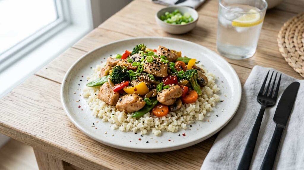 Keto chicken stir fry served with cauliflower rice and garnished with sesame seeds