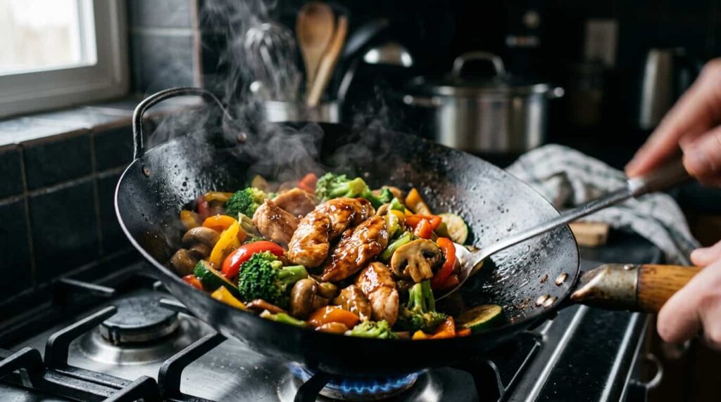 Keto chicken stir fry with vegetables in a wok featuring glossy sauce and vibrant low carb vegetables