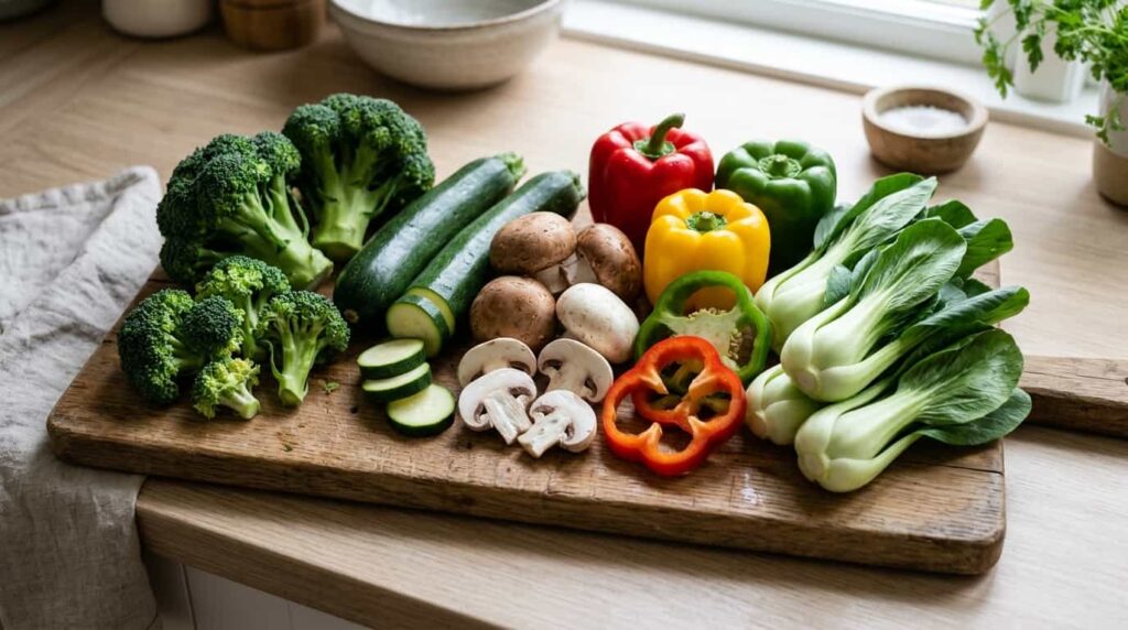 Low carb vegetables for keto stir fry including broccoli, zucchini, mushrooms, bell peppers, and bok choy
