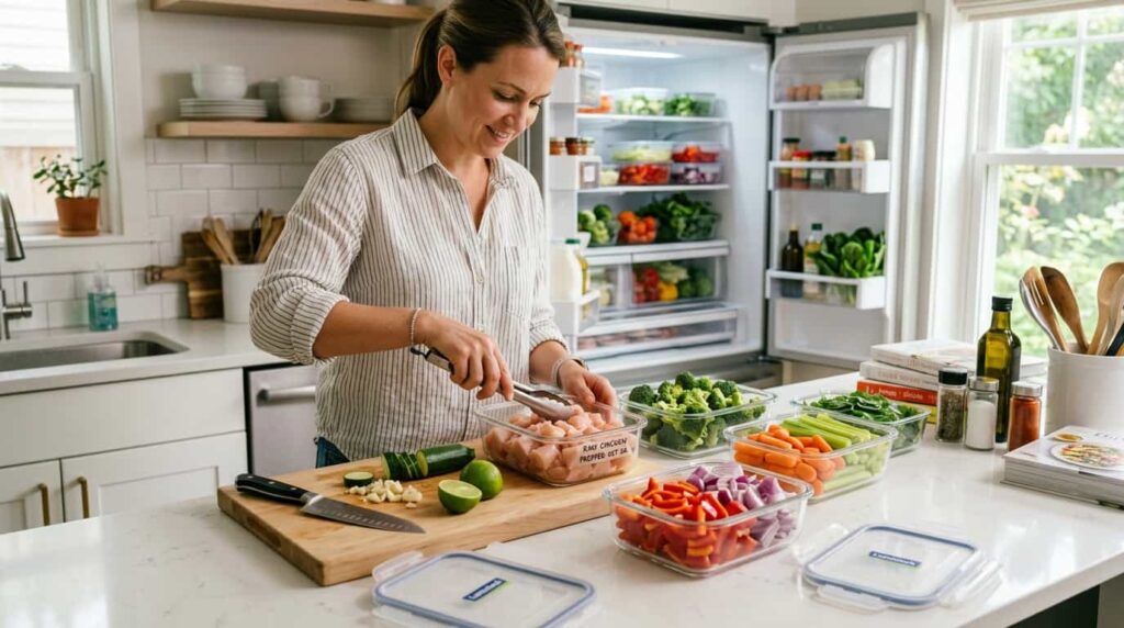 Keto meal prep with diced chicken and vegetables prepared for quick weeknight cooking