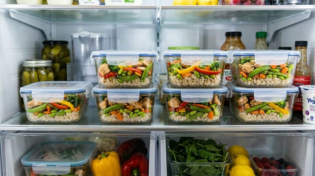 Keto chicken stir fry stored in meal prep containers for easy weekly low carb meals
