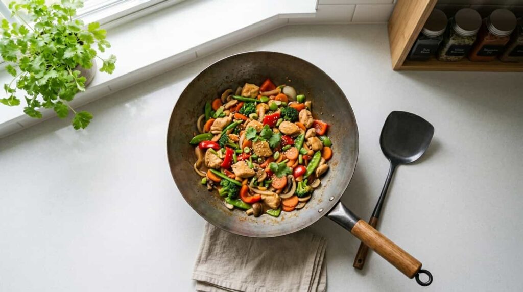 One pan keto chicken stir fry in a clean kitchen setup showing minimal cleanup and quick cooking
