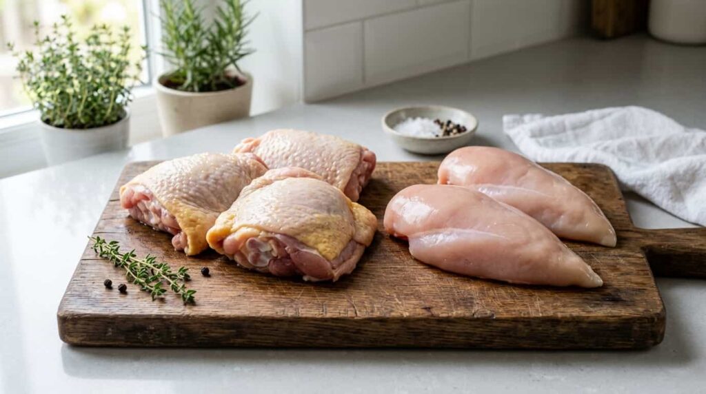 Raw chicken thighs and breasts showing keto friendly protein options with different fat content