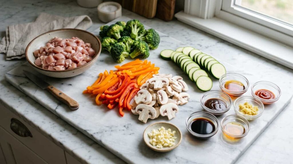 Fresh ingredients for keto chicken stir fry including chicken, broccoli, bell peppers, zucchini, mushrooms, and garlic
