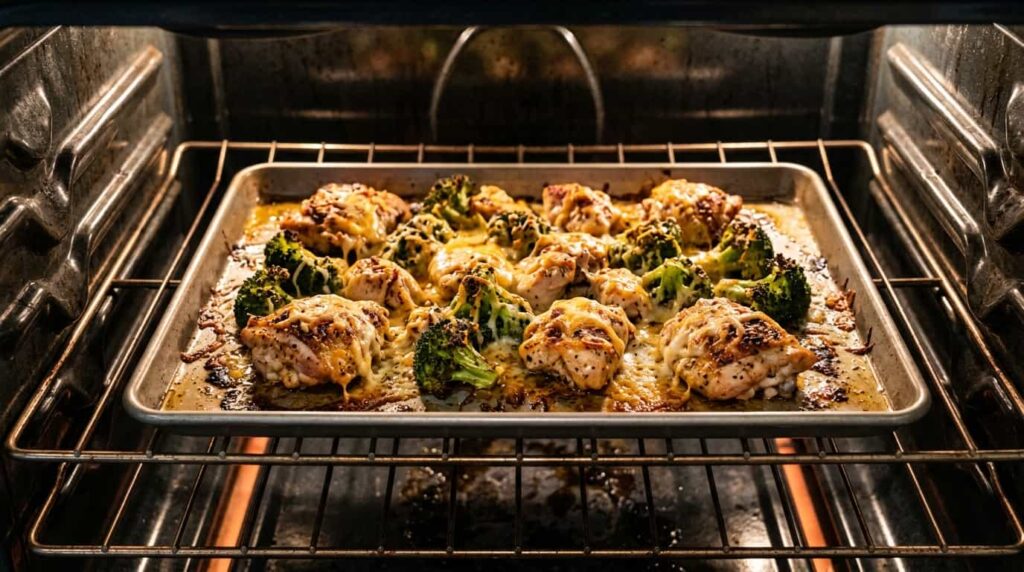 One pan keto chicken and broccoli roasted on sheet pan with melted cheese