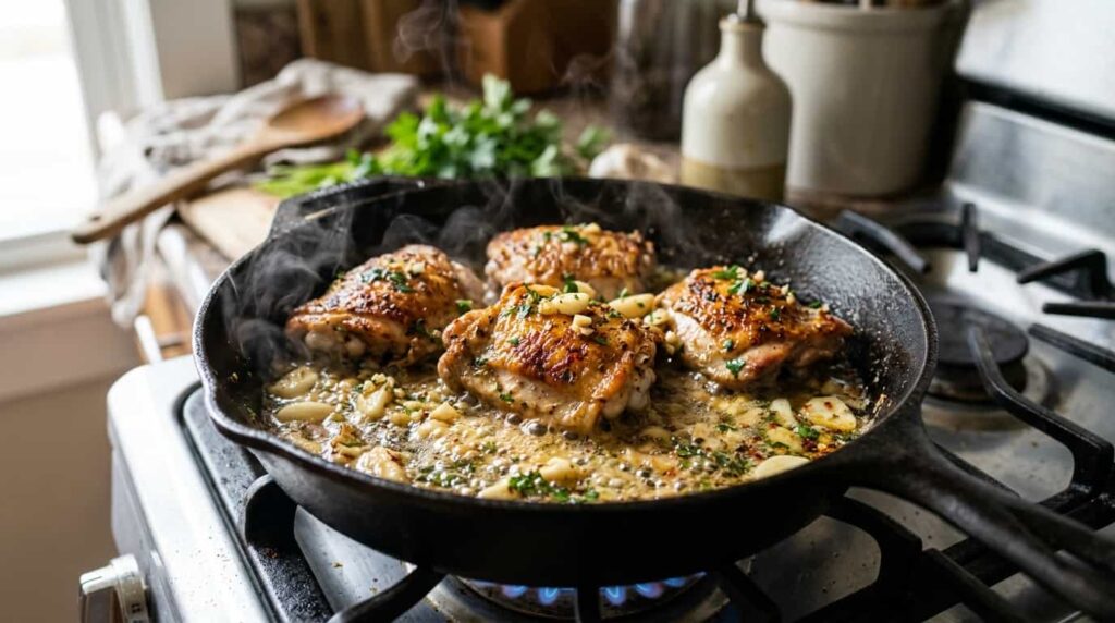 Quick keto garlic butter chicken cooking in skillet with golden seared texture